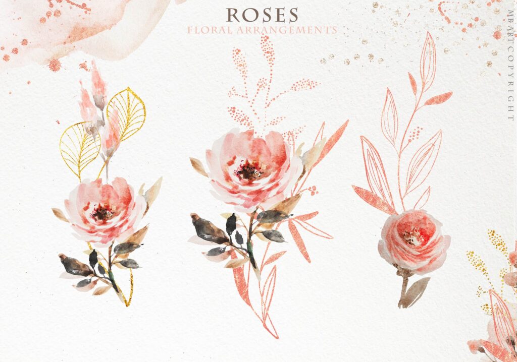 玫瑰和金色的水彩花卉素材合集Rose gold wedding collection插图12