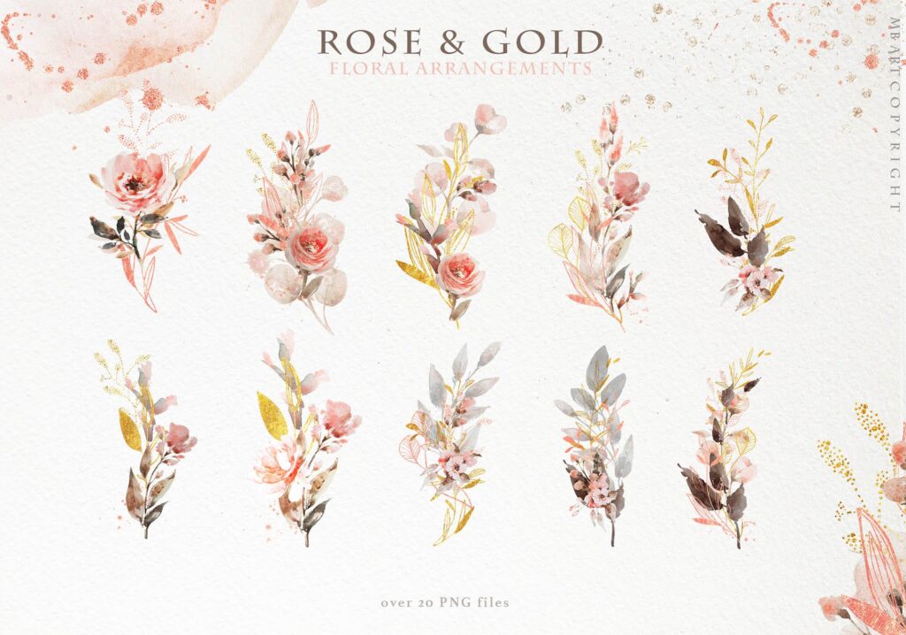 玫瑰和金色的水彩花卉素材合集Rose gold wedding collection插图14