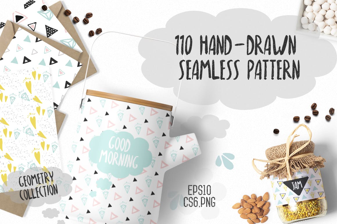 几何涂鸦花纹装饰图案素材110 Hand Drawn Seamless Patterns插图1