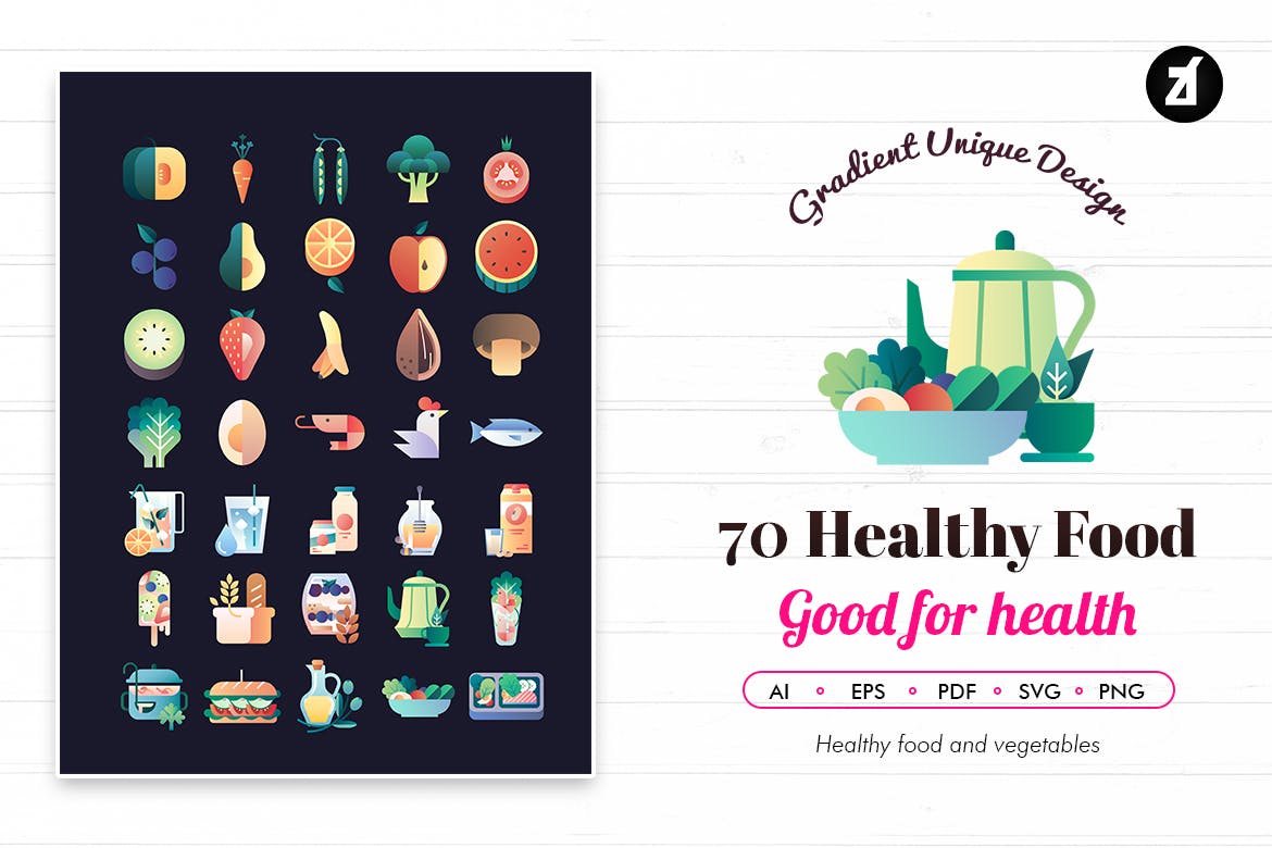 水果美食类创意扁平化图标健康食品源文件下载70 Healthy Food With Bonus Graphics A33wcx插图1