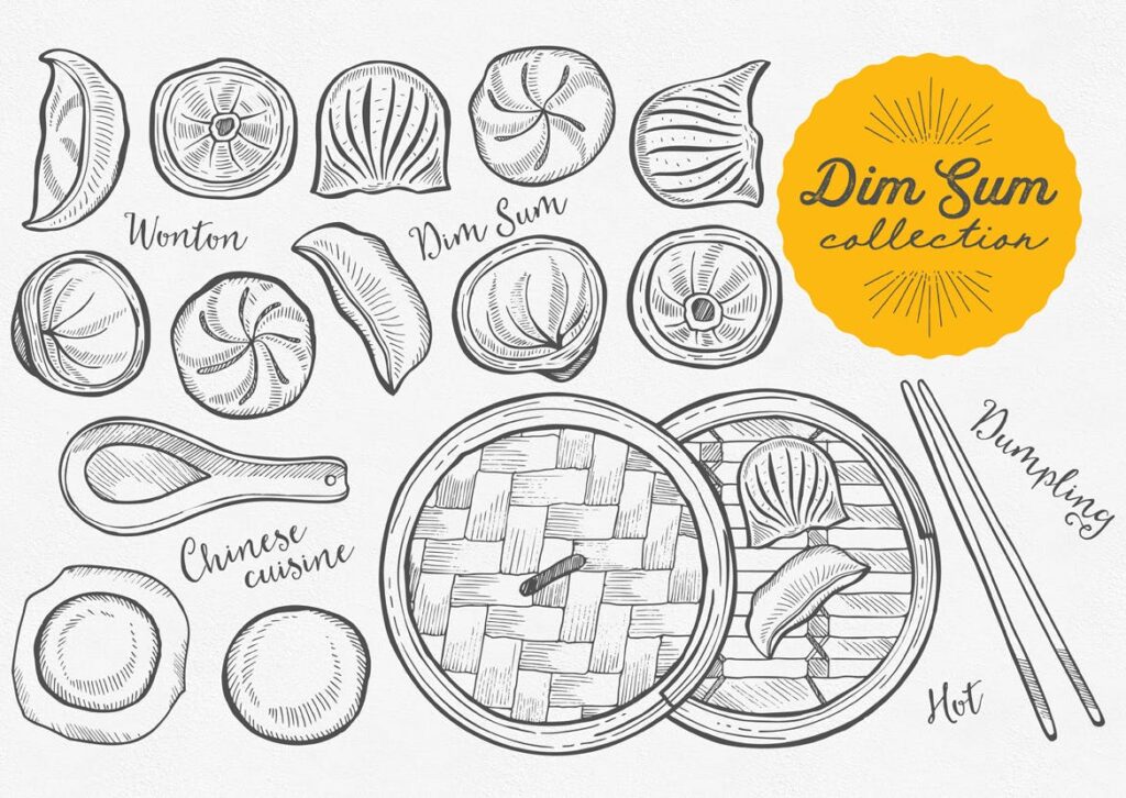 亚洲美食主题元素涂鸦装饰图案下载Asian Food Dim Sum Illustrations插图1