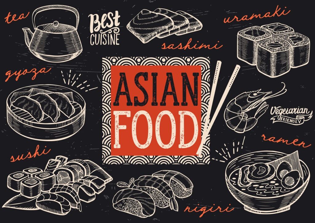 餐饮美食料理寿司涂鸦元素装饰图案Asian Food Elements插图1