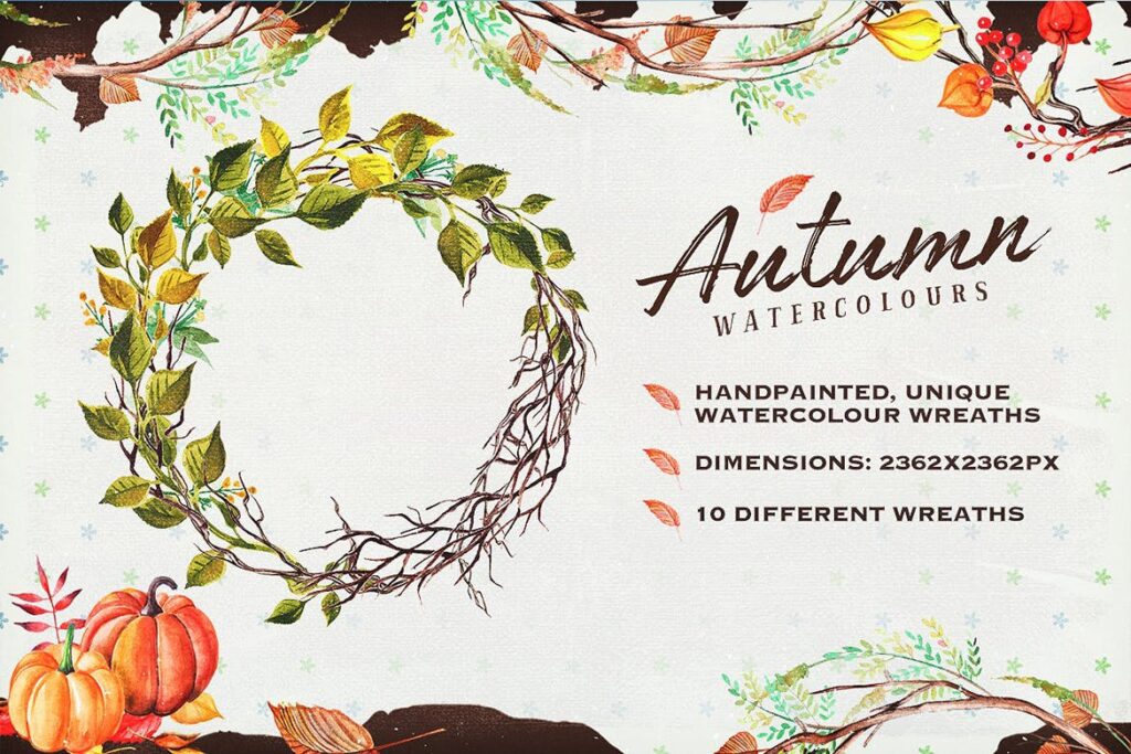 秋季水彩花圈和剪纸设计工具包Autumn Watercolour Wreaths Clipart插图1