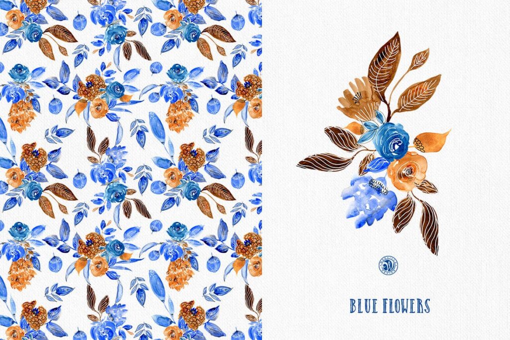 蓝色的花水彩花卉茶具装饰图案纹理Blue Flowers插图1