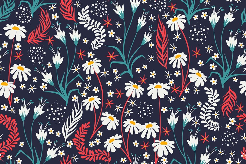 五彩雏菊植物服装品牌装饰图案花纹Chamomile Field Floral Seamless Patterns插图1
