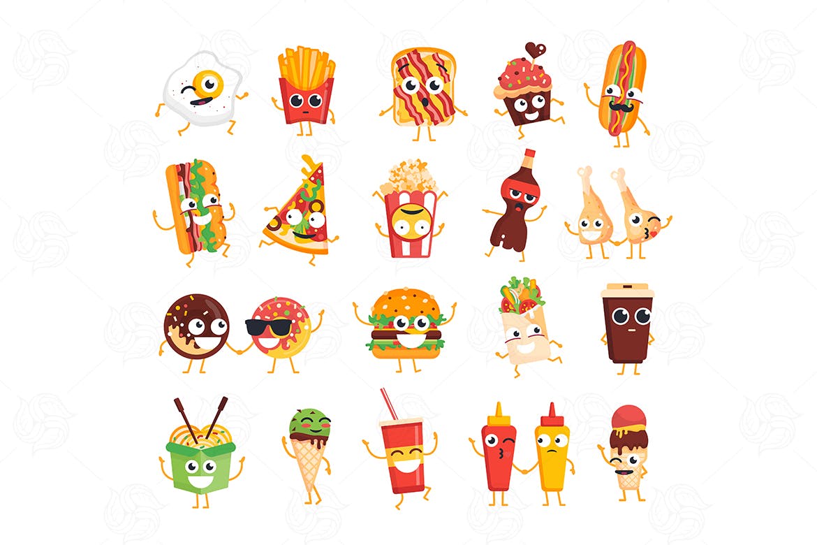 扁平化快餐吉祥物图标源文件下载Fast Food vector set of characters