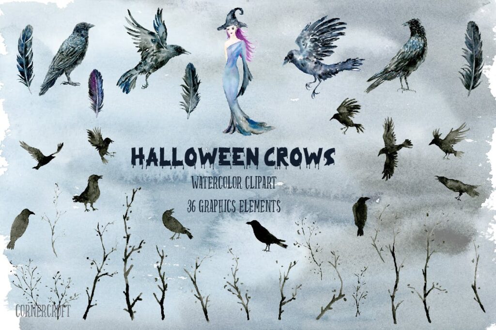 水彩万圣节乌鸦/女巫元素相框装饰画Halloween Crows and Witch Watercolor插图1