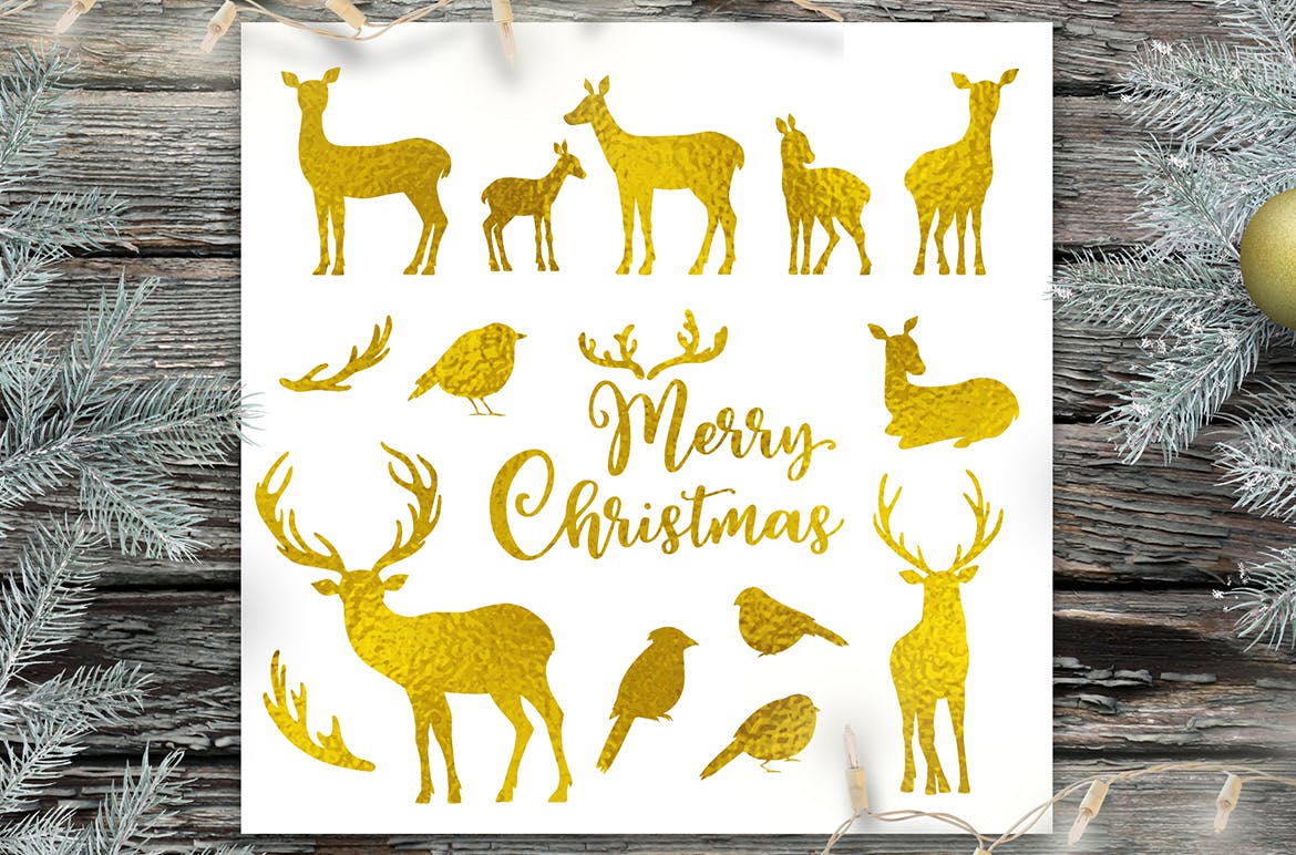 金设计元素和无缝图案花纹素材模板下载Happy Holidays Golden Christmas Design Kit插图1