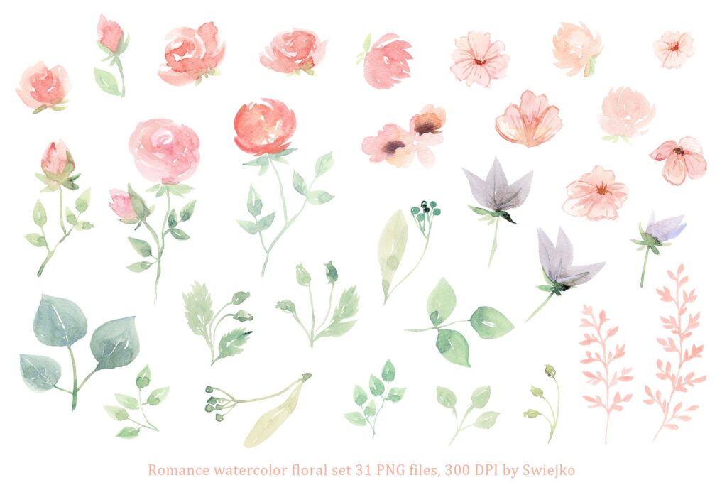 31幅粉色手绘水彩花卉和树叶装饰图案Romantic Watercolor Flowers插图1