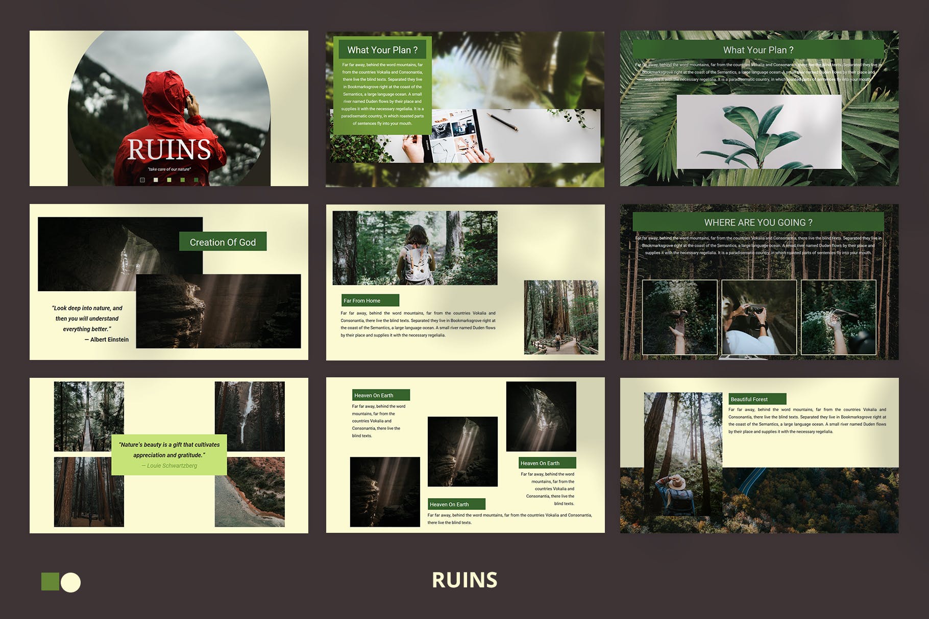 现代设计绿色森林植物系列极简优雅PPT幻灯片模板Ruins Powerpoint插图1