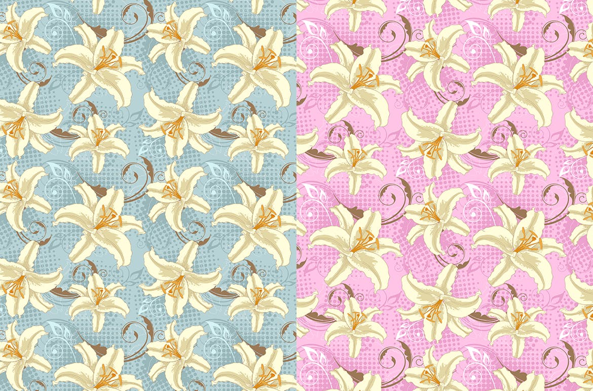 6款花卉无缝图案装饰图案素材Set of Floral Seamless Patterns插图1