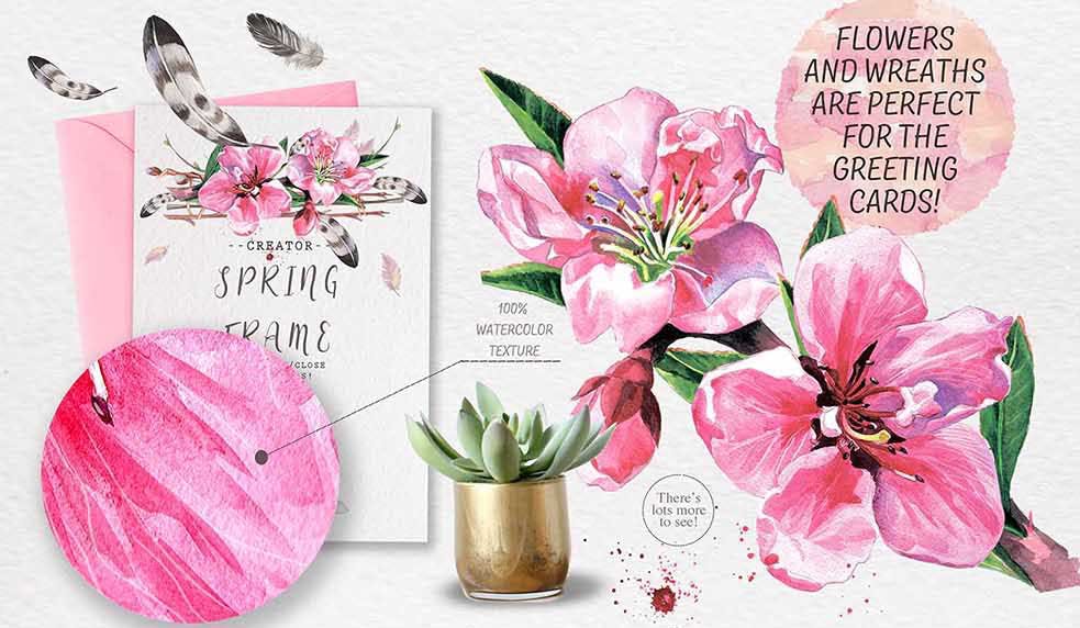 手绘水彩花环装饰图案纹理下载Spring bloom set 80 PNG插图1