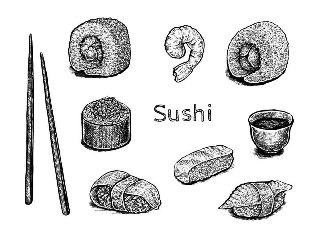 黑白墨寿司主题绘画装饰图案Sushi set vector and raster