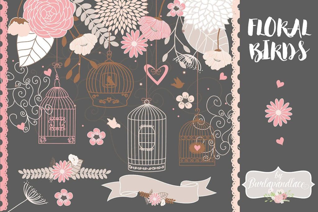 44个花鸟笼高质量剪贴装饰图案Vector Bird cage flower clipart flower clipart插图1