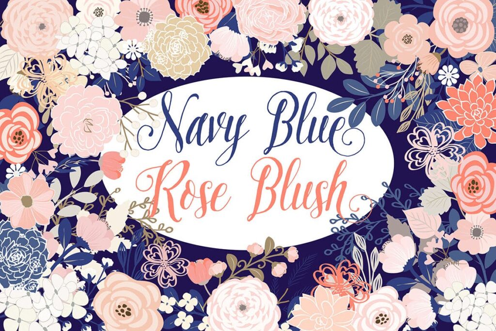 婚礼邀请函装饰图案浪漫温馨装饰图案花纹Vector Navy Blue Rose Blush floral elements插图1