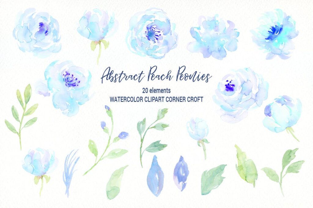 蓝色牡丹水彩图案纹理图案下载Watercolor Blue Peony Collection插图1