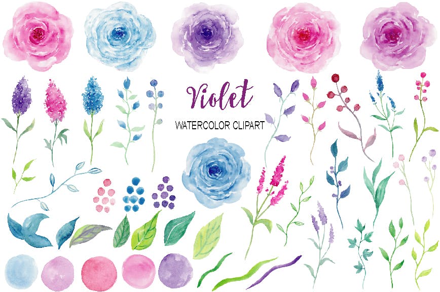 水彩紫罗兰系列主题装饰图案Watercolor Clipart Violet Collection插图1