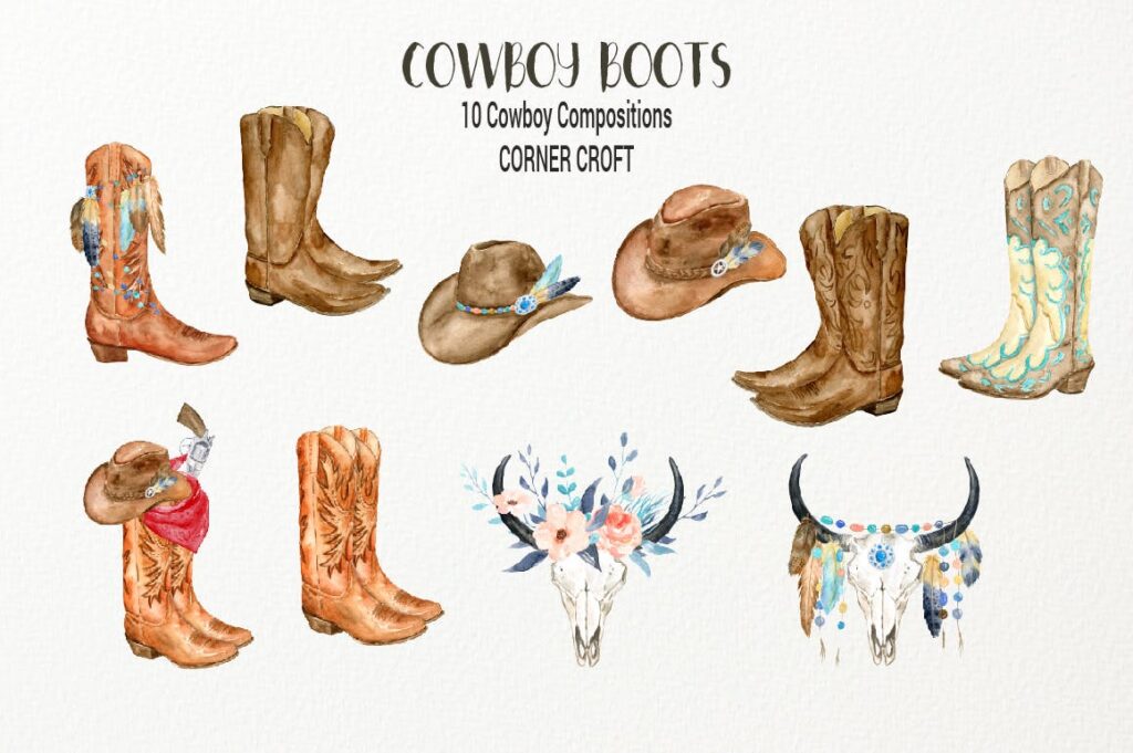 原始部落创意图案波西米亚插图创意图案Watercolor Cowboy Boots And Accessory collection插图1