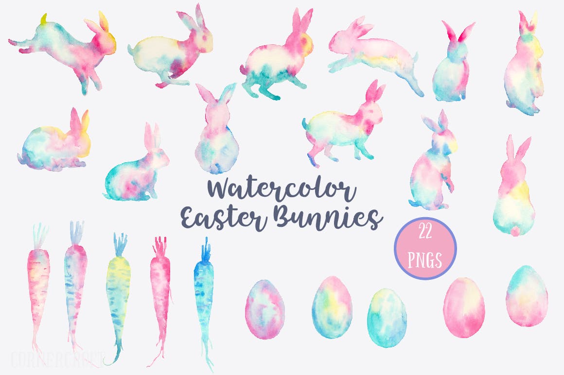 手绘水彩画复活节元素兔子水彩装饰图案Watercolor Easter Bunnies Design Kit插图1