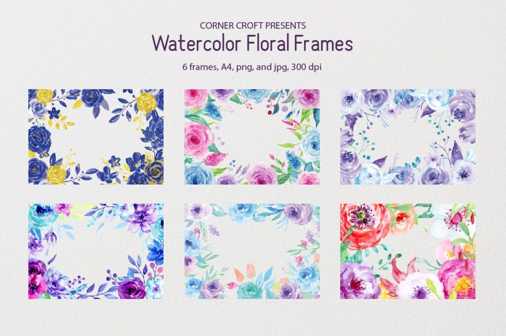 6个水彩花卉相框和创意水彩图案花纹Watercolor Floral Frame Blue and Purple插图1