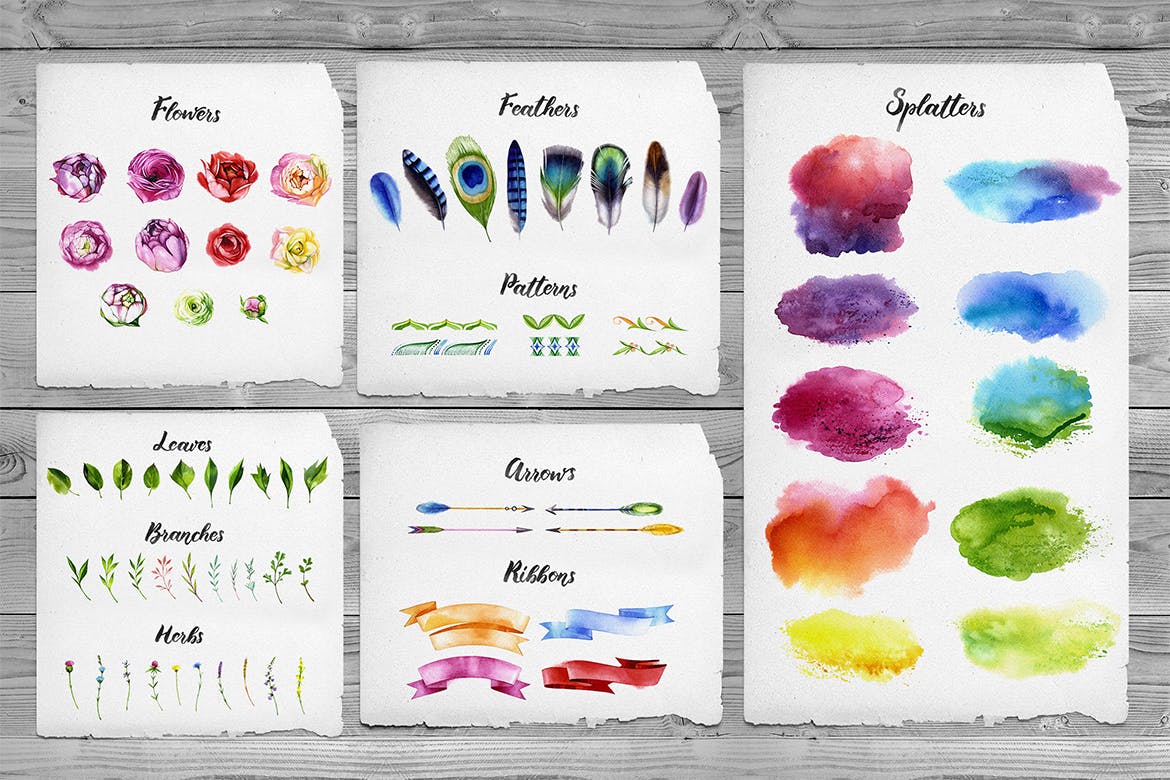 艺术风格水彩花卉笔触纹理素材模板Watercolor Flowers插图1