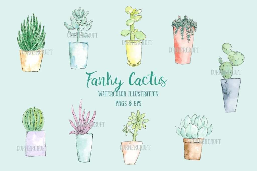 水彩手绘仙人掌多角度图案布艺手提袋装饰图案Watercolor Funky Cactus Vector插图1