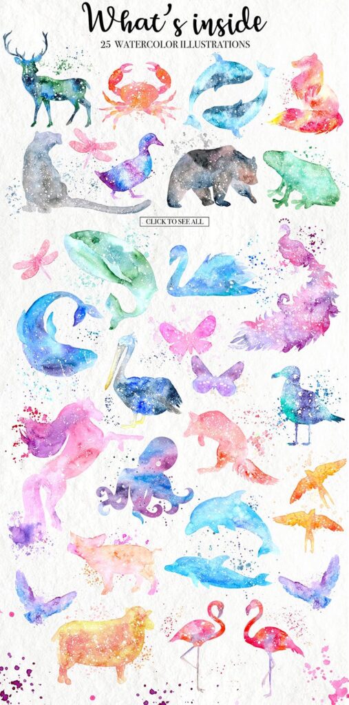 水彩涂鸦画神奇动物剪贴画大合集Watercolor Galaxy Animals插图1