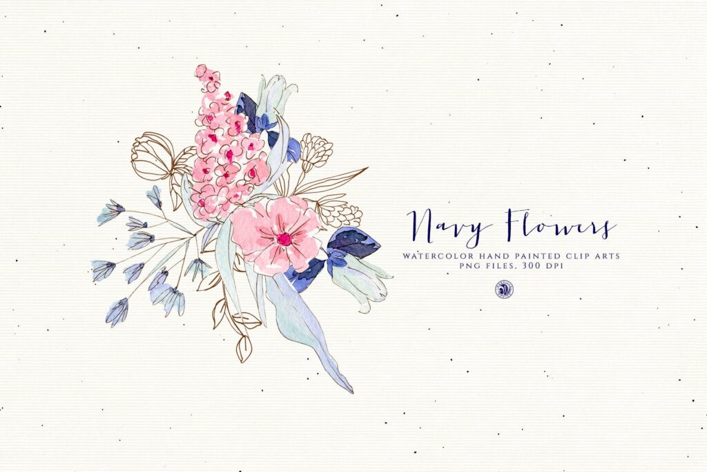 海军水彩手绘画花卉剪贴画装饰图案Watercolor Navy Flowers插图1