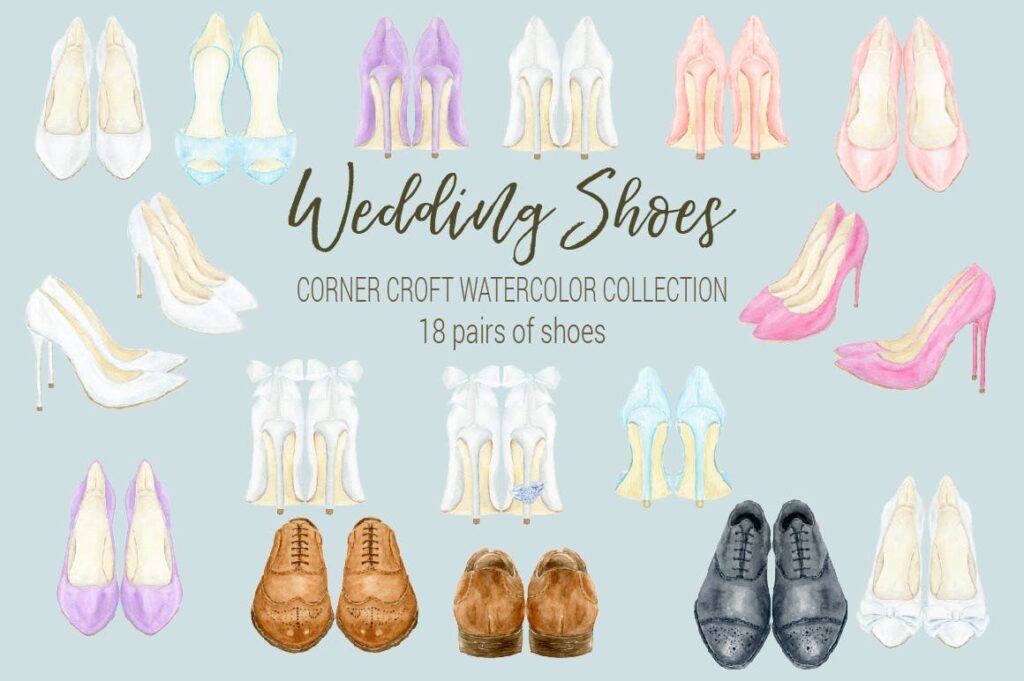 水彩婚纱鞋系列/婚纱鞋剪贴画装饰图案Watercolor Wedding Shoes Collection插图1