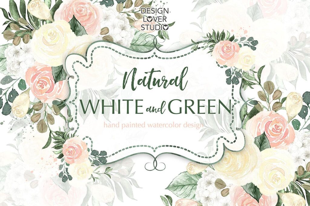 婚礼邀请函装饰图案花纹元素下载Watercolor flowers white and green design插图1