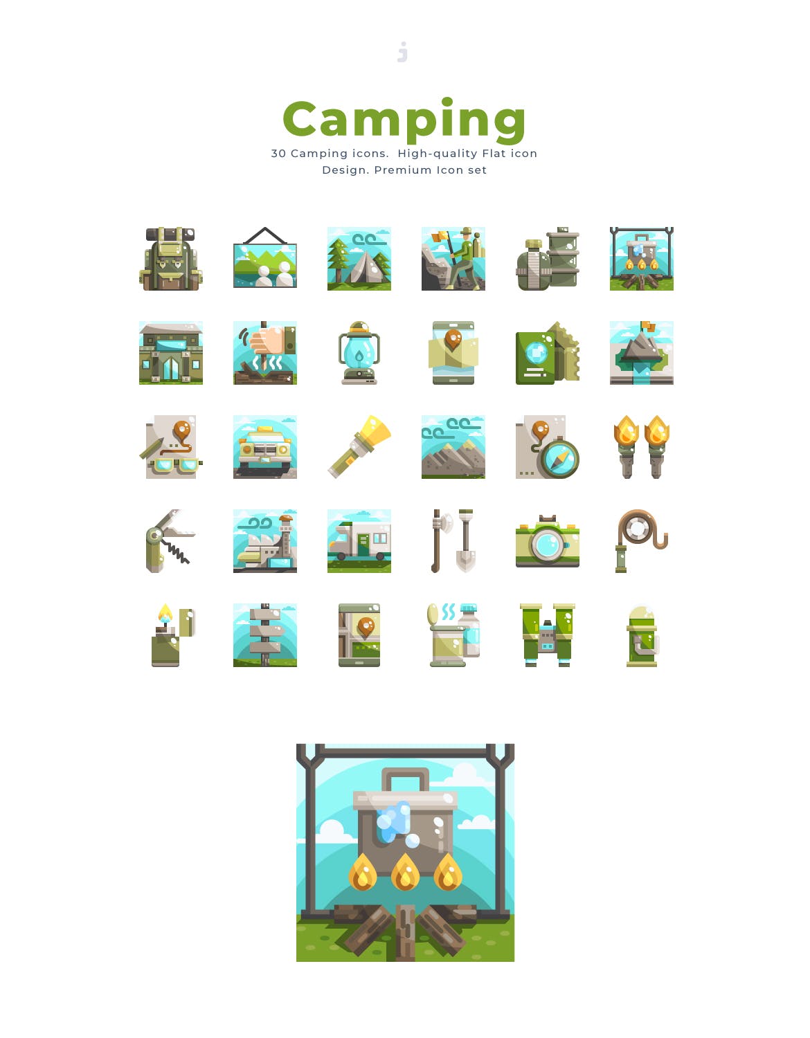 30个露营野旅行创意图标源文件下载30 Camping Icon Set Flat插图2