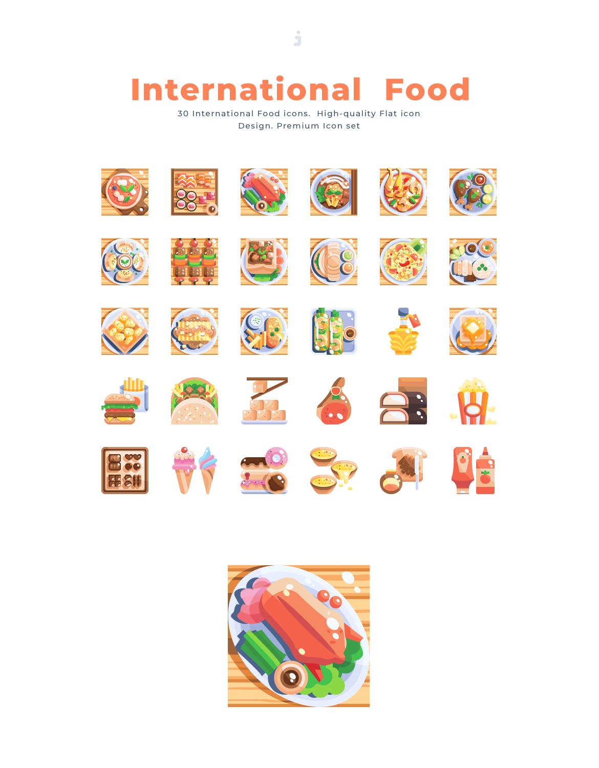 30个西餐食品餐饮元素扁平风图标源文件下载30 International Food Icon set Flat插图2