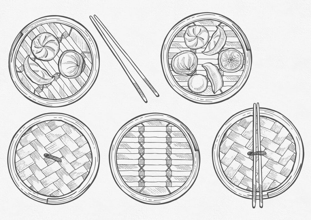 亚洲美食主题元素涂鸦装饰图案下载Asian Food Dim Sum Illustrations插图2