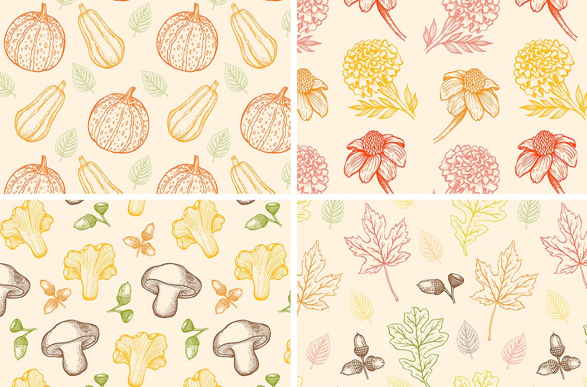 手绘矢量复古风格秋季设计元素装饰图案下载Autumn Colors Vintage Design Kit插图2