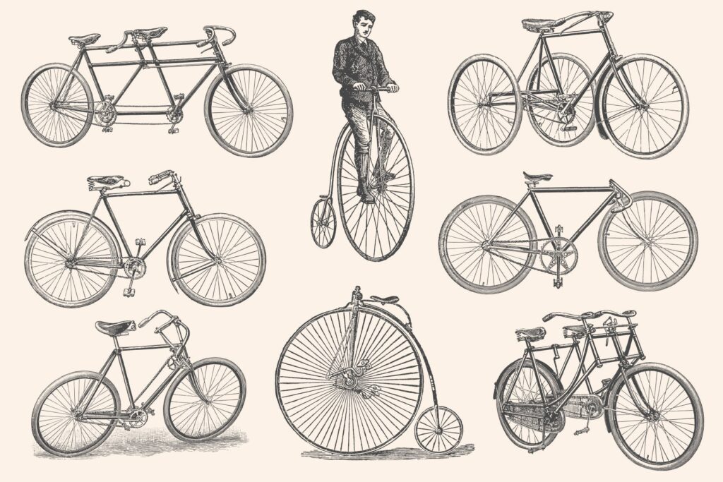 自行车和自行车配件的经典插图合Bicycles Vintage Illustration Set插图2