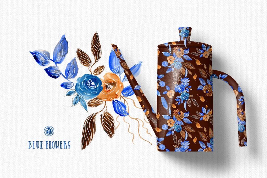 蓝色的花水彩花卉茶具装饰图案纹理Blue Flowers插图2