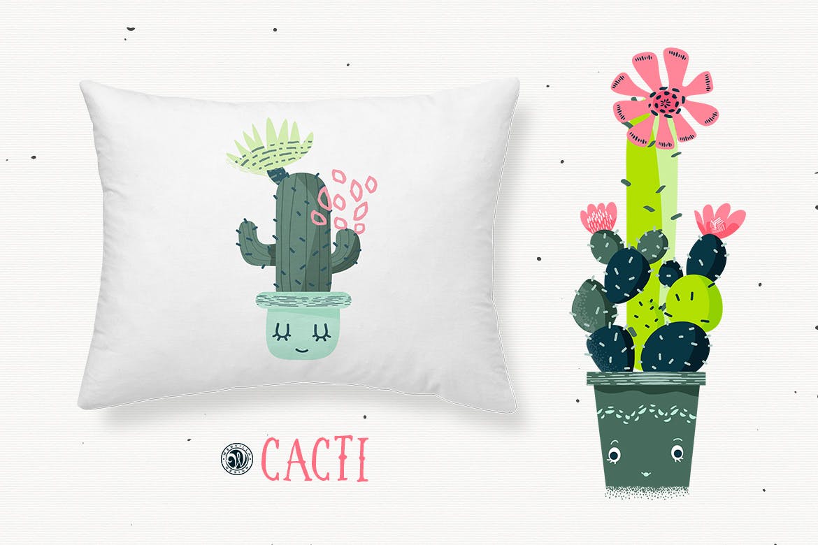 仙人掌手绘元素装饰图案素材模板Cacti With Smiling Pots插图4