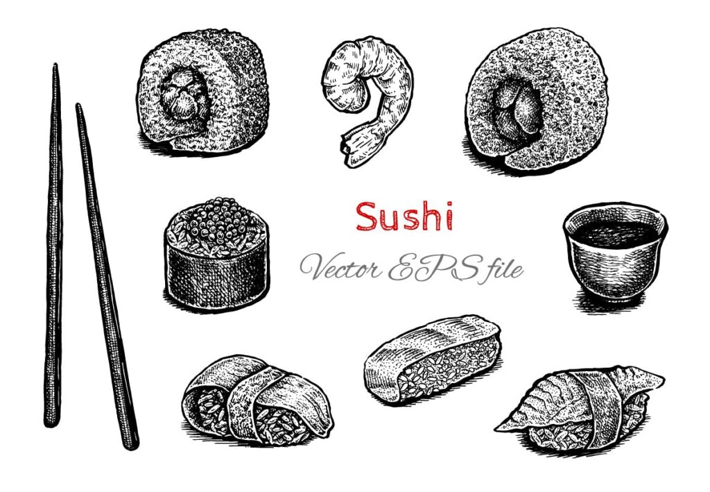黑白墨寿司主题绘画装饰图案Sushi set vector and raster插图1