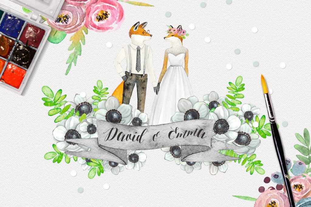 婚礼爱情主题元素装饰图案下载WEDDING CHARACTER CREATOR watercolor set插图2