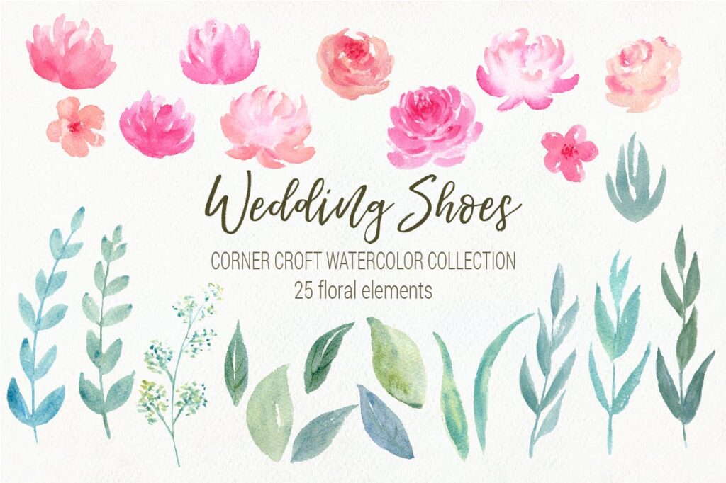 水彩婚纱鞋系列/婚纱鞋剪贴画装饰图案Watercolor Wedding Shoes Collection插图2