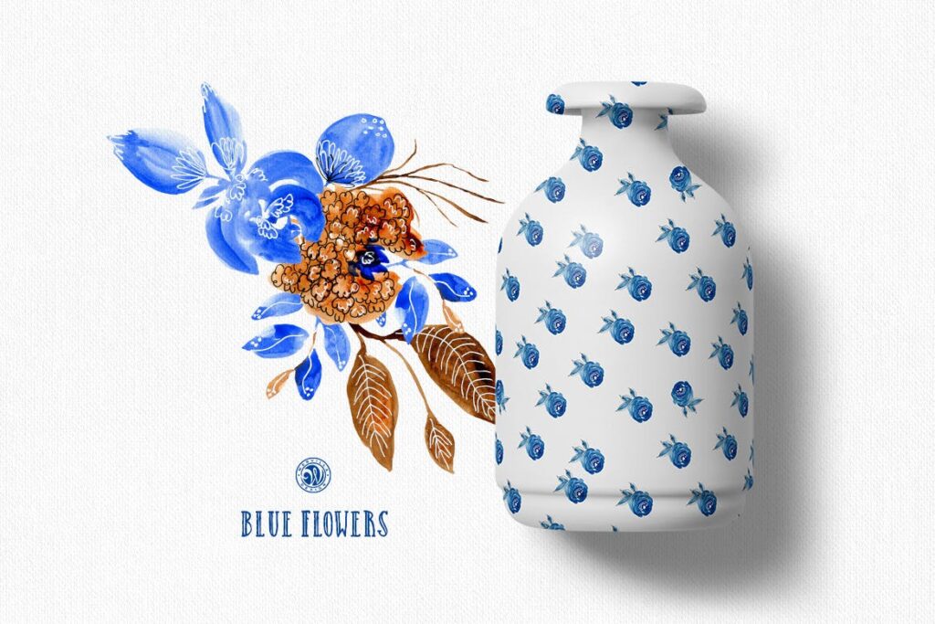 蓝色的花水彩花卉茶具装饰图案纹理Blue Flowers插图3