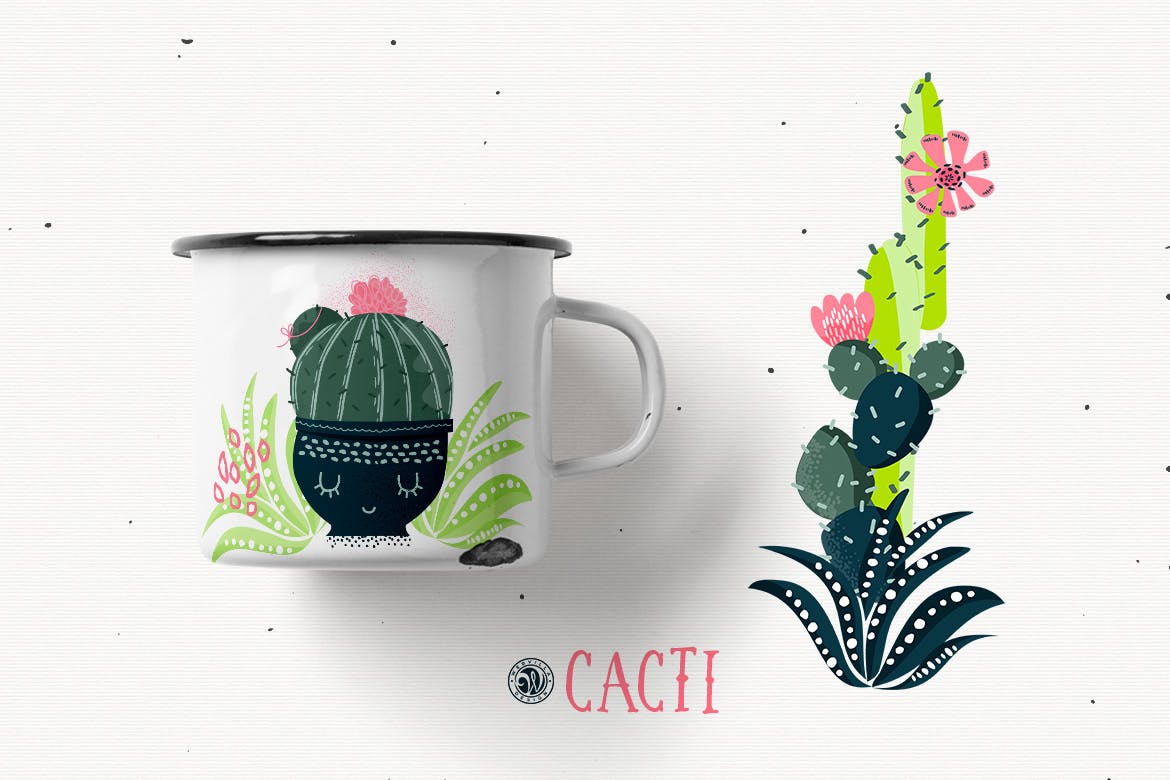 仙人掌手绘元素装饰图案素材模板Cacti With Smiling Pots插图2