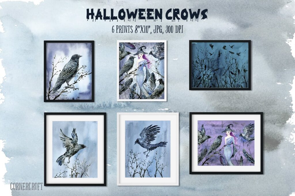 水彩万圣节乌鸦/女巫元素相框装饰画Halloween Crows and Witch Watercolor插图3