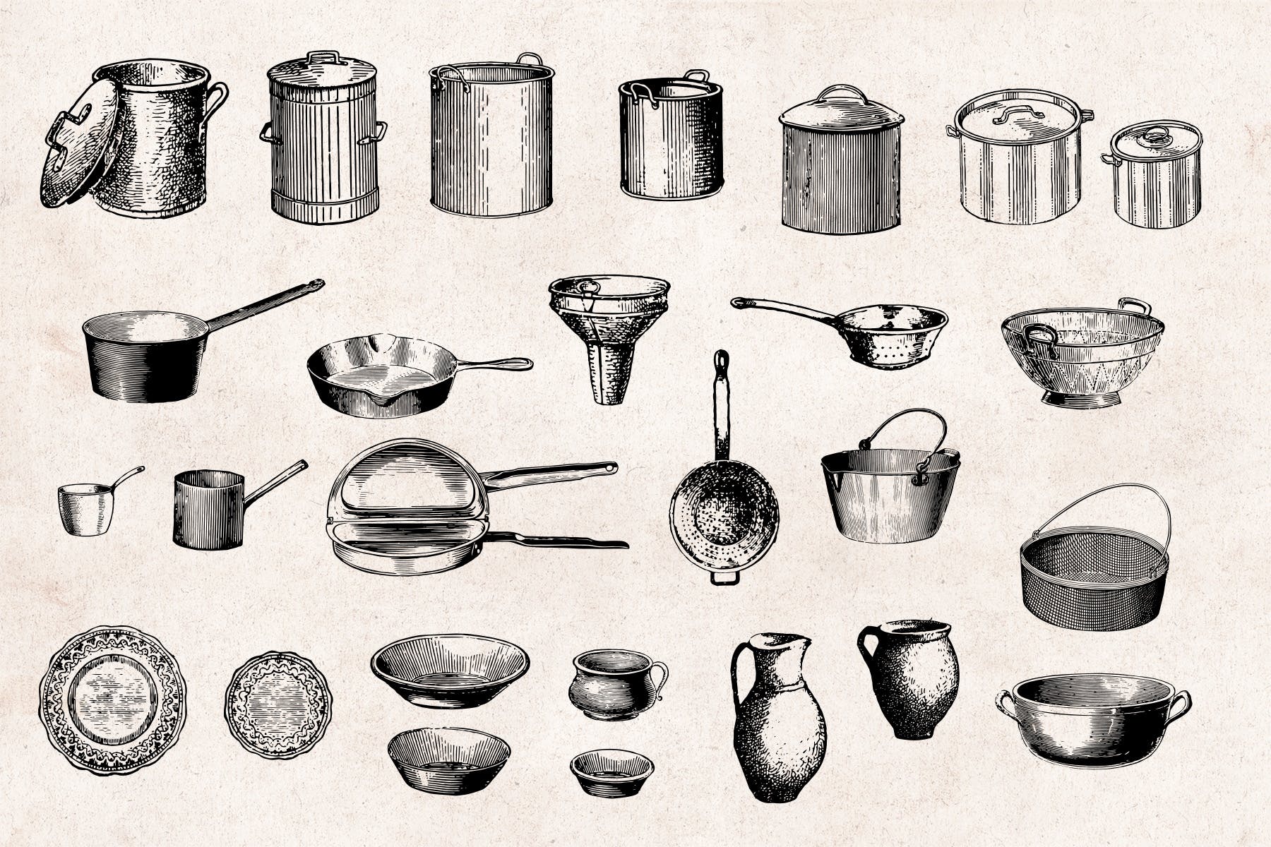 84个矢量复古手绘厨房工具和用具元素Kitchenware Engraving Illustration Set插图3