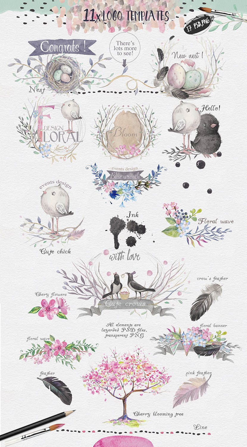 春天与乌鸦艺术创作作品集图案纹理素材下载Spring crows bundle插图3