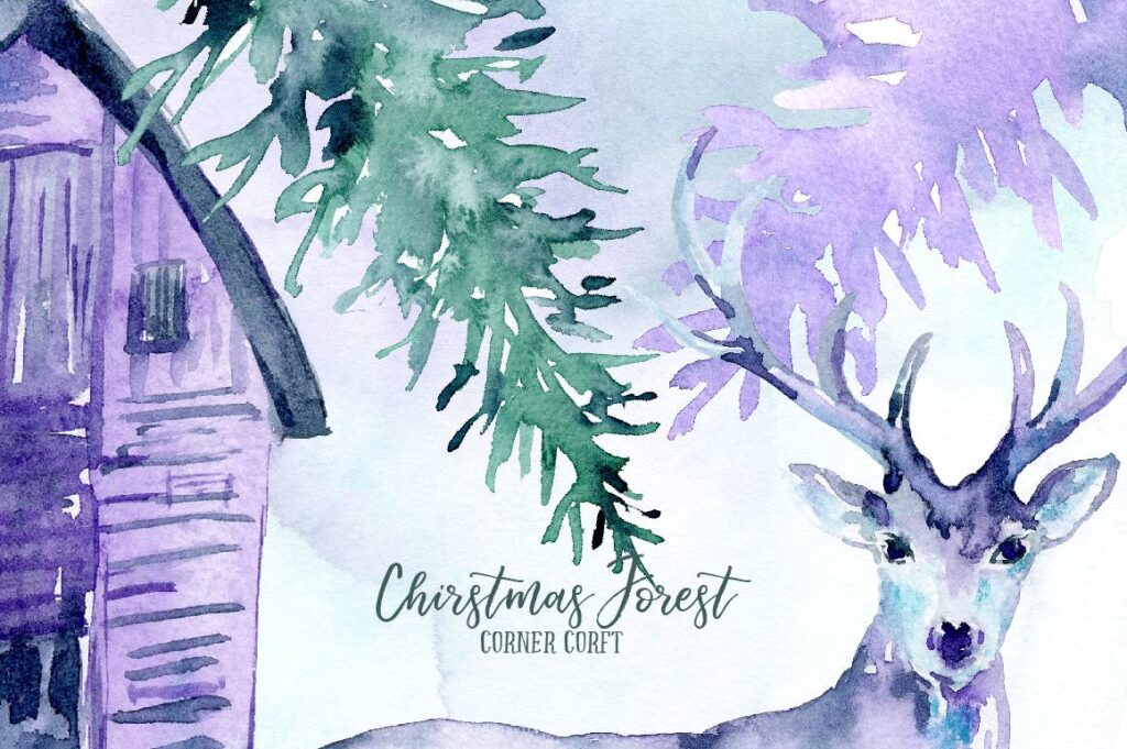 水彩画圣诞森林主题创意图案装饰元素Watercolor Christmas Forest插图3