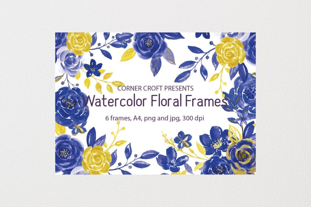 6个水彩花卉相框和创意水彩图案花纹Watercolor Floral Frame Blue and Purple插图3