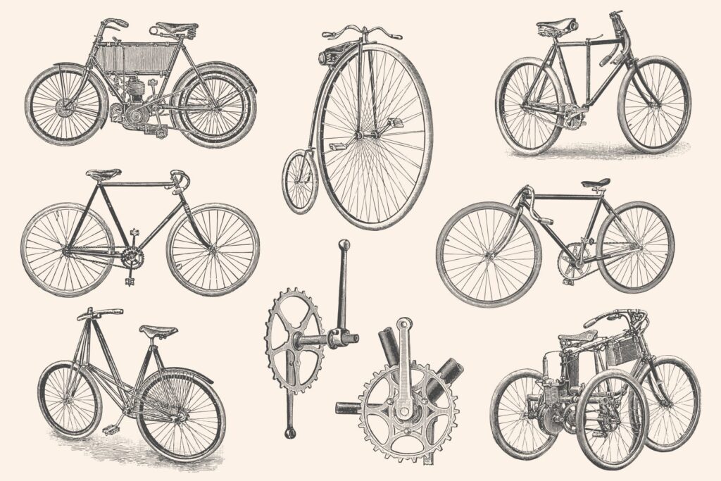 自行车和自行车配件的经典插图合Bicycles Vintage Illustration Set插图4