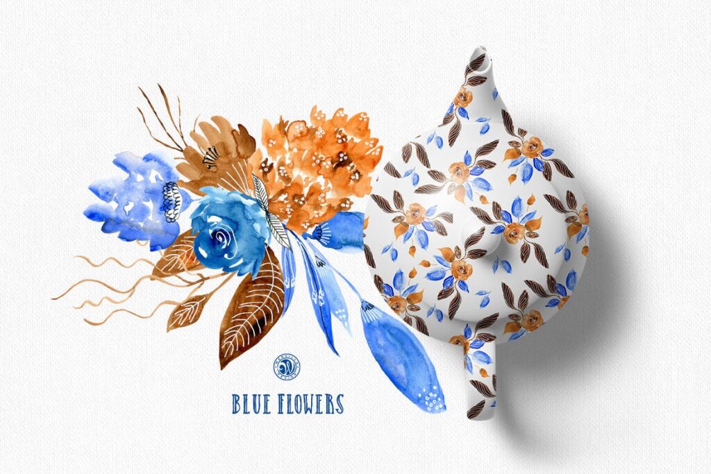 蓝色的花水彩花卉茶具装饰图案纹理Blue Flowers插图4