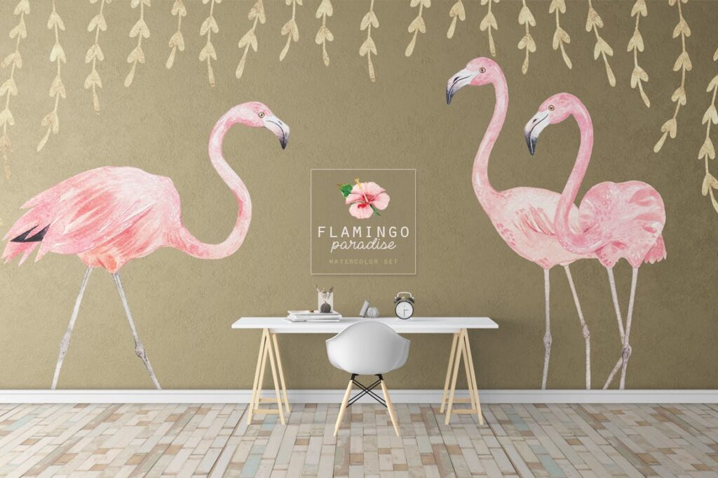 火烈鸟热带树叶和花朵主题装饰元素纹理花纹装饰图案FLAMINGO PARADISE watercolor set插图4